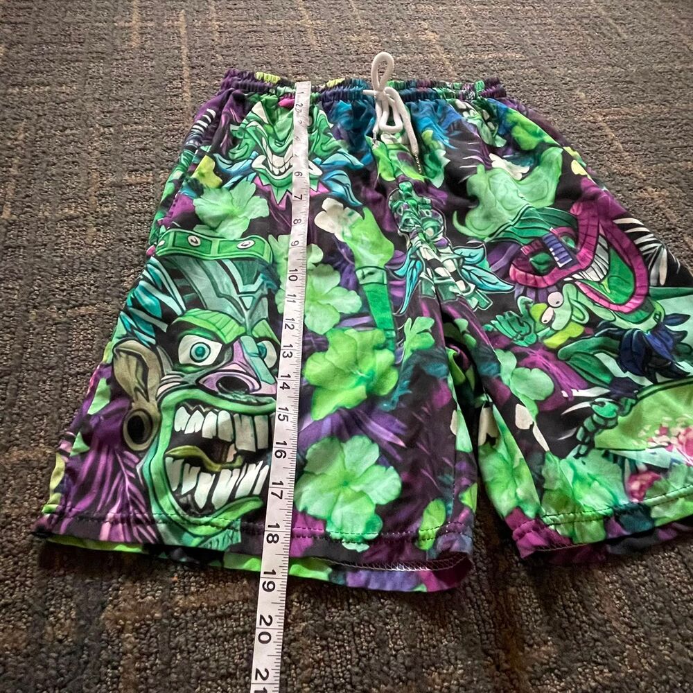 Men's Size S Tiki God Hawaiian Swim Shorts Purple Green Board Shorts Trunks - Picture 7 of 8